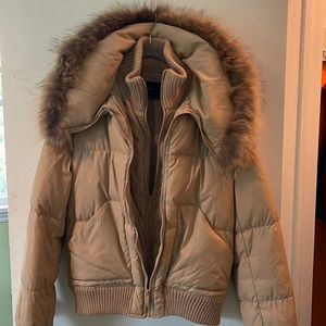 BCBGMaxAzria Tan Puffer Jacket with Fur Trim